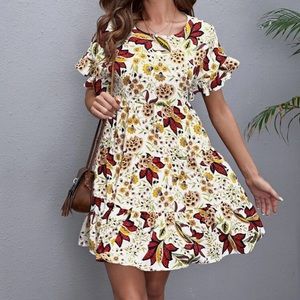 Boho floral smock ruffle flounce tiered dress